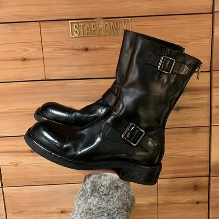 Ladies Calf-high Biker Boots made of Smooth Leather with Double Strap and Back Zipper Mune Fashion