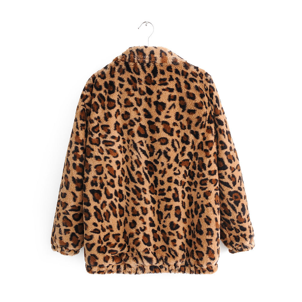 Women's faux fur jacket with leopard print, full zip and elastic hem Mune Fashion