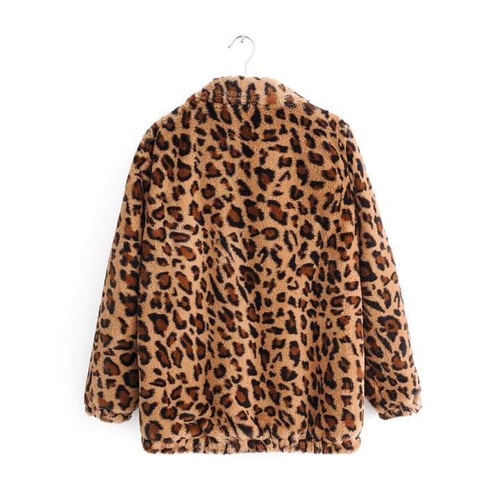 Women's faux fur jacket with leopard print, full zip and elastic hem Mune Fashion