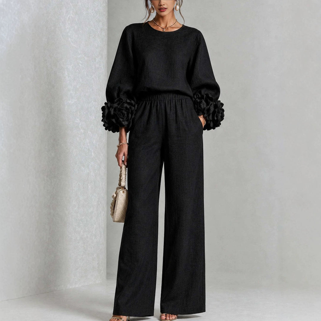 Women's Two-Piece Linen Blend Set with Wide Leg, Elastic Waistband and Floral Sleeves Mune Fashion