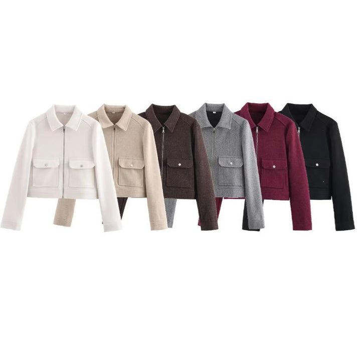 Women's short boxy wool jacket with full zip and patch pockets Mune Fashion
