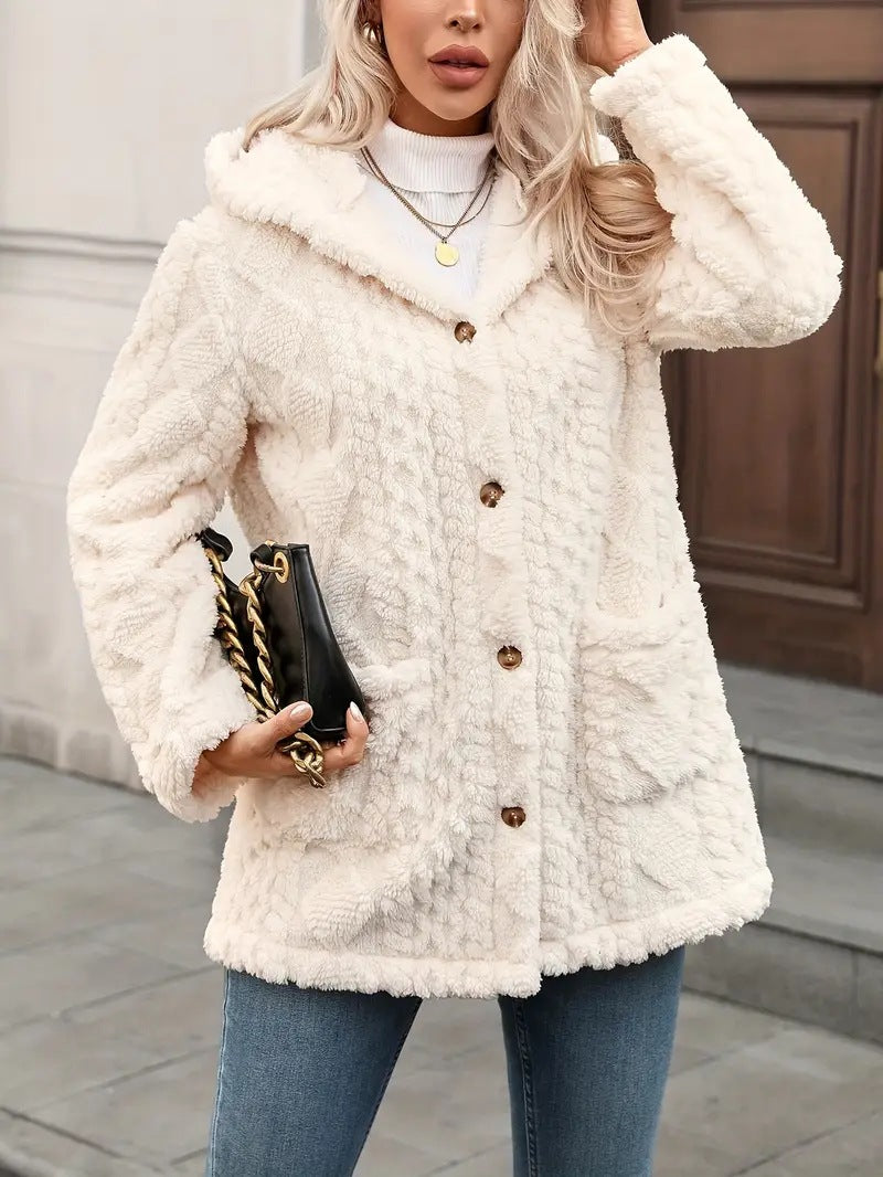 Women's Cozy Teddy Jacket with Hood, Button Placket and Patch Pockets Mune Fashion