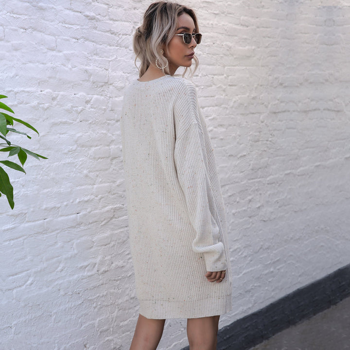 Women's Knitted Mini Knit Dress with V-Neck, Choker Detail, and Balloon Sleeves Mune Fashion