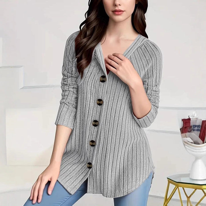 Women's concealing ribbed knit cardigan with V-neck and decorative buttons Mune Fashion