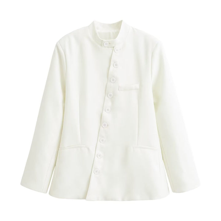 Ladies Tailored Blazer Jacket with Stand-Up Collar, Asymmetrical Button Placket and Insert Pockets Mune Fashion