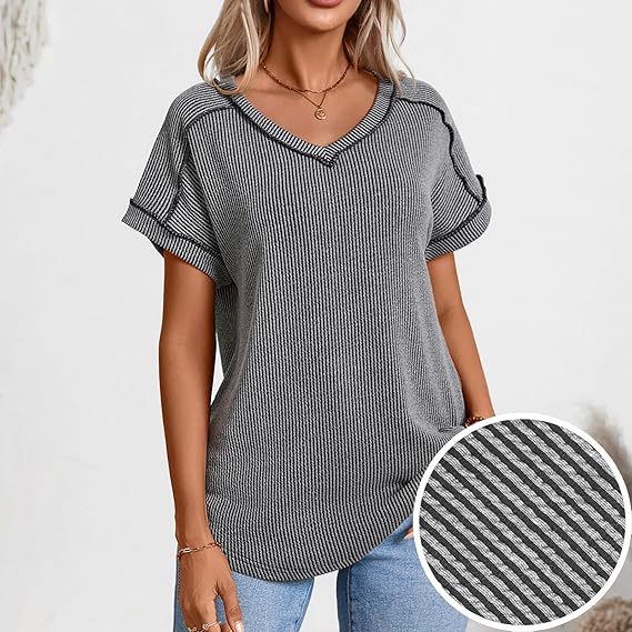 Women Ribbed V-Neck Short Sleeve Fine Knit Top with Turned Up Sleeves Mune Fashion
