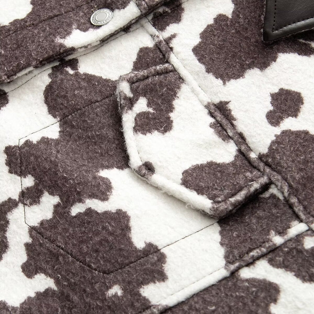 Women’s Short Jacket in Trucker Style with Cow Spot Pattern and Faux Leather Collar Mune Fashion