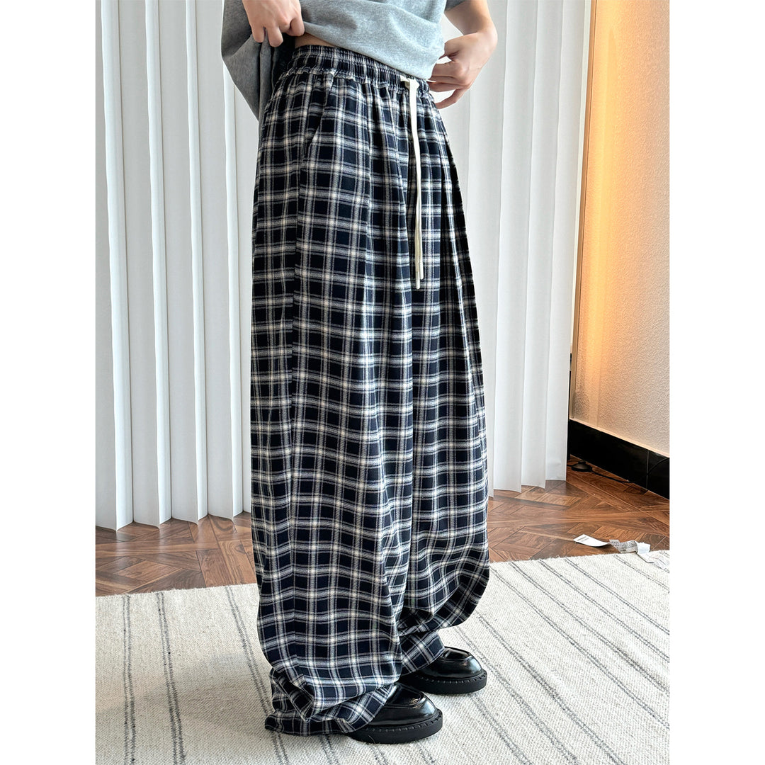 Ladies Wide Checkered High-Waist Baggy Pants with Drawstring Mune Fashion