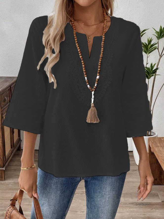 Women's Embroidered Linen Tunic with V-Neck and Three-Quarter Sleeves Mune Fashion