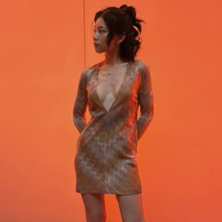 Women Sparkling Knit Mini Dress with Deep V-Neck Mune Fashion