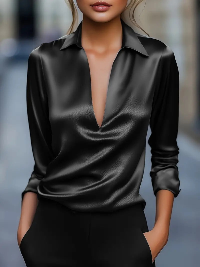 Women Silky Satin Blouse Shirt with Deep V-Neck and Shirt Collar Mune Fashion