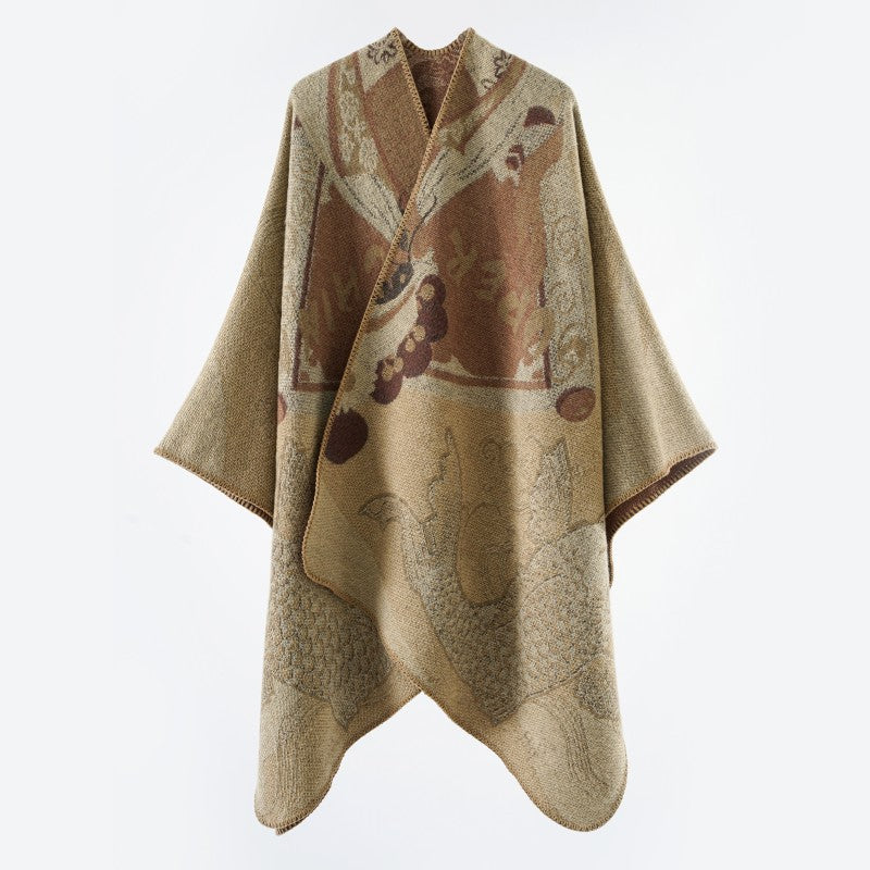 Women's Jacquard Knit Cape with Koi Motif and Wide Oversize Fall Mune Fashion
