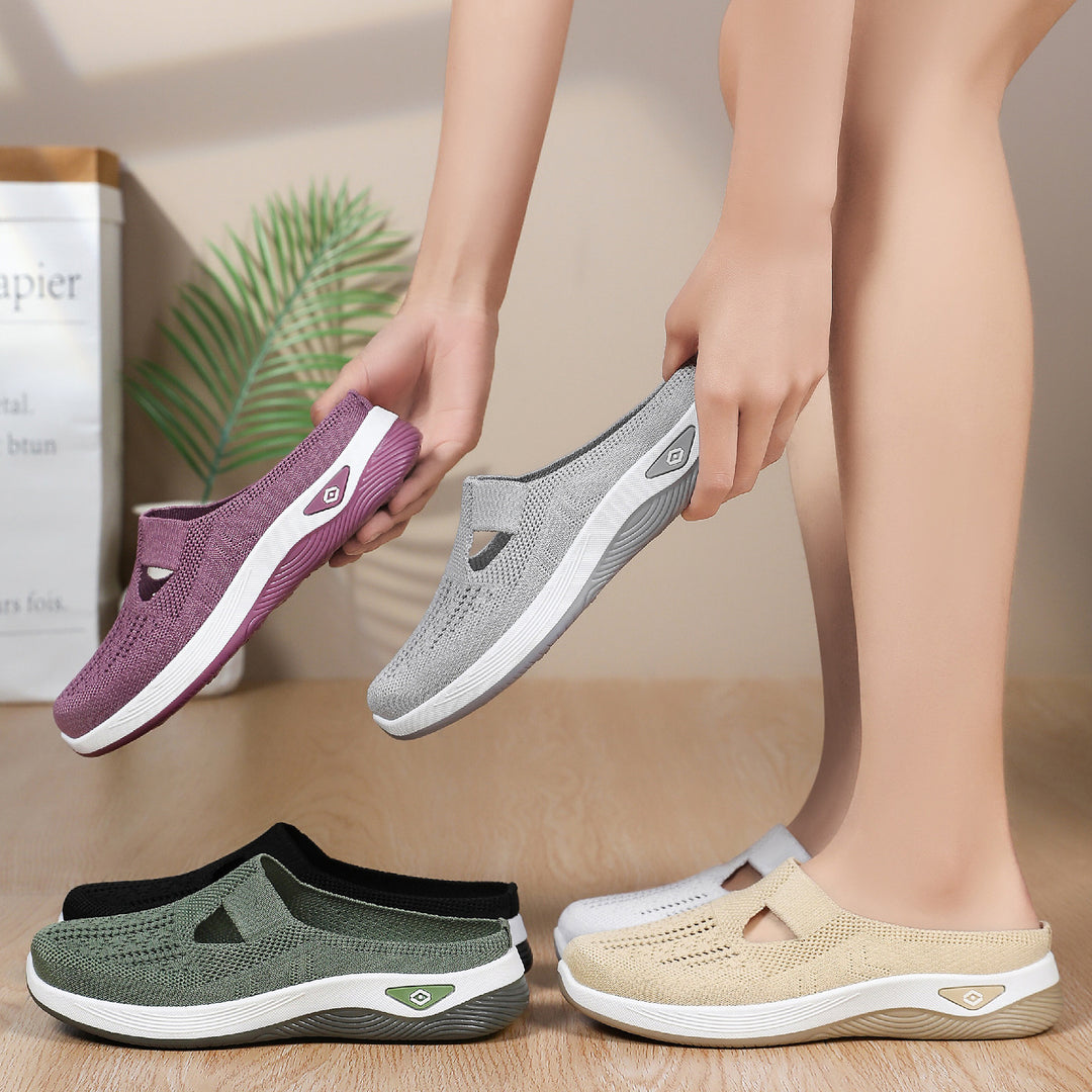 Ladies breathable knitted slip-on clog with side cut-out opening, cushioning EVA and PU midsole Mune Fashion