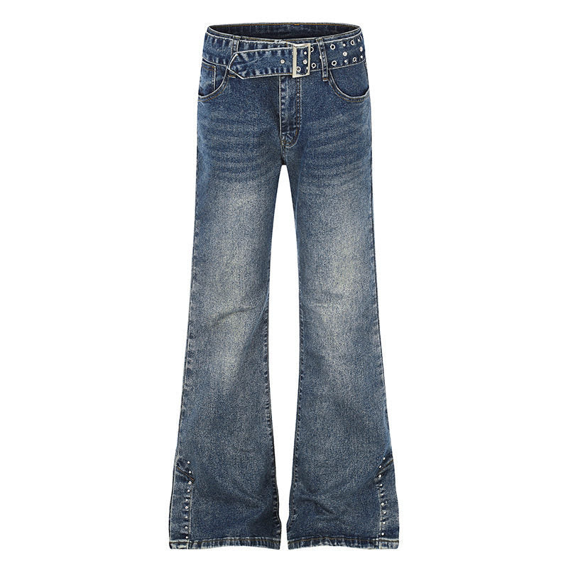 Women's High-Waist Flared Denim Jeans with Studded Detail, Wide Flare and Decorative Belt Mune Fashion