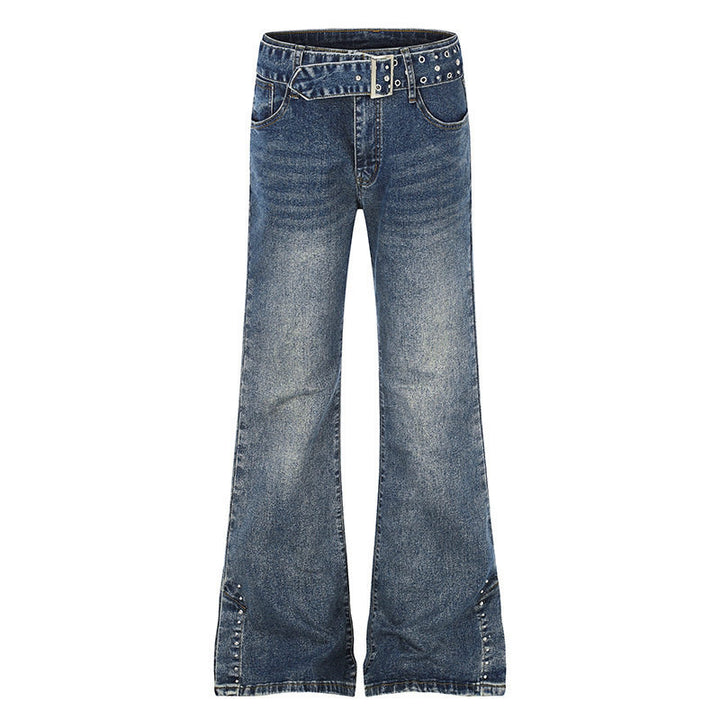 Women's High-Waist Flared Denim Jeans with Studded Detail, Wide Flare and Decorative Belt Mune Fashion