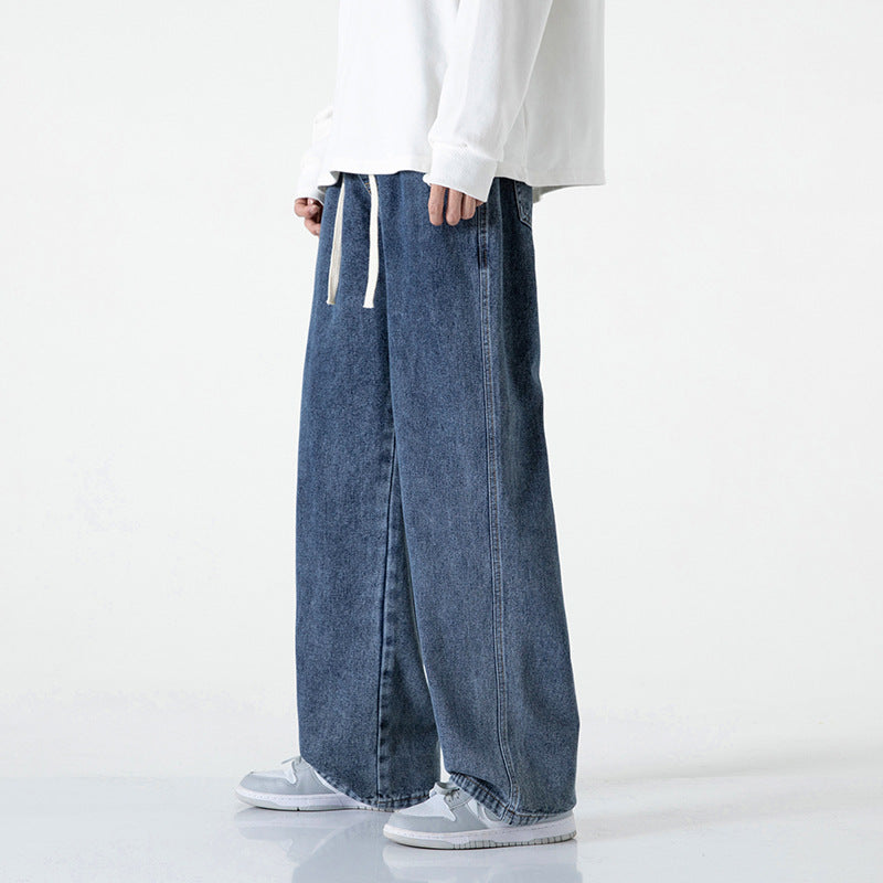 Men's Wide-Leg Denim Baggy Pants with Drawstring Waistband and Straight Hem Mune Fashion