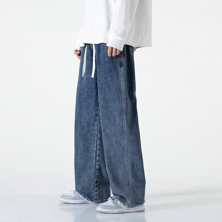 Men's Wide-Leg Denim Baggy Pants with Drawstring Waistband and Straight Hem Mune Fashion