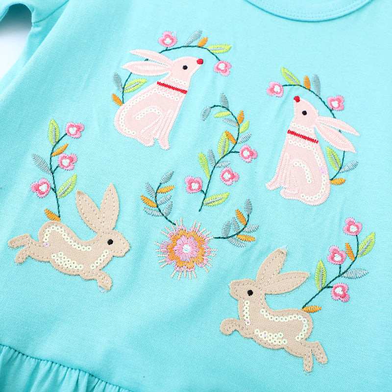 Girls Long-Sleeve Dress with Enchanting Bunny and Flower Embroideries Mune Fashion