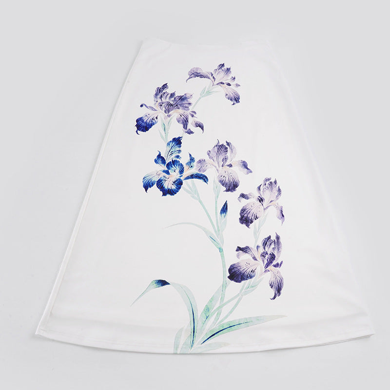 Women A-line midi skirt made of lightweight viscose blend with artistic floral print Mune Fashion