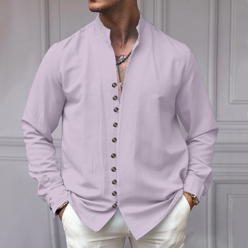 Men's elegant long-sleeve linen shirt with stand-up collar, asymmetrical button placket, and slim fit Mune Fashion