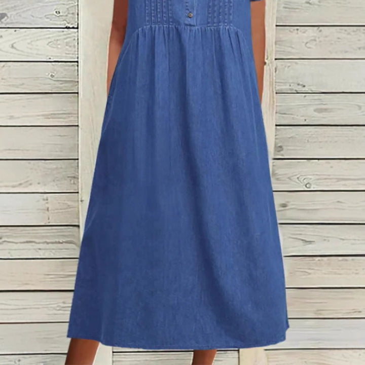 Ladies' knee-length dress in denim look with round neckline, chest piping and side inset pockets Mune Fashion