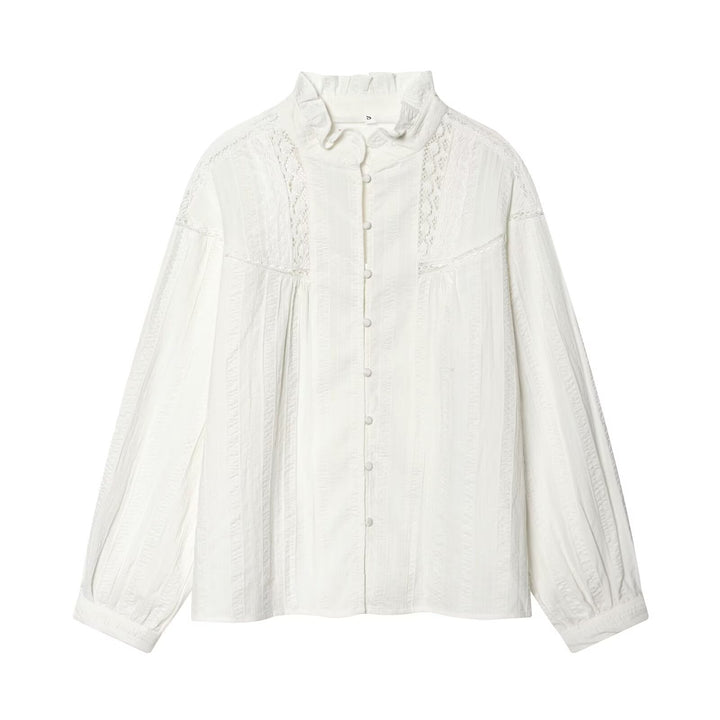 Women's Loose Vintage Blouse with Stand-up Collar, Lace Inserts and Balloon Sleeves Mune Fashion