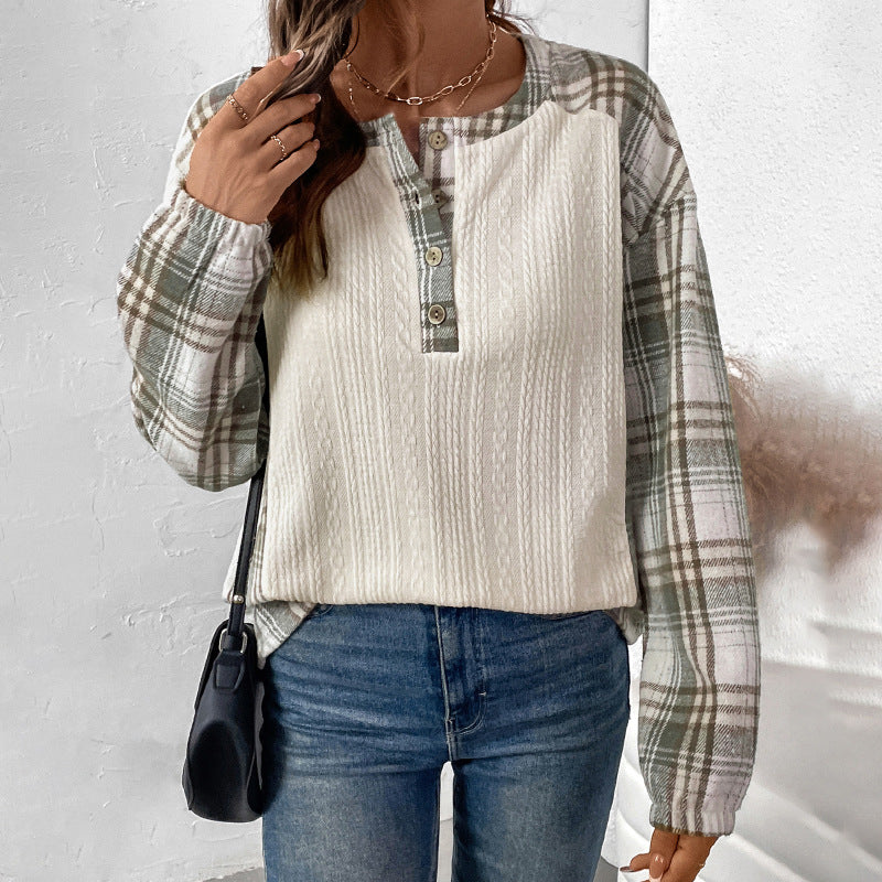 Women's Long-Sleeve Knit Blend Shirt with Checkered Sleeves, Henley Button Placket & Structure Mix Mune Fashion