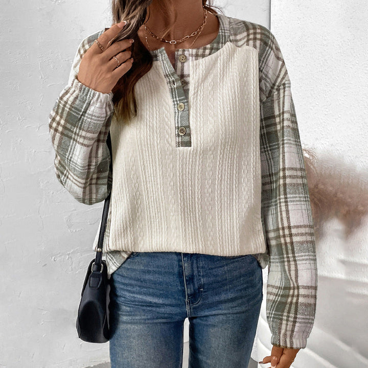 Women's Long-Sleeve Knit Blend Shirt with Checkered Sleeves, Henley Button Placket & Structure Mix Mune Fashion