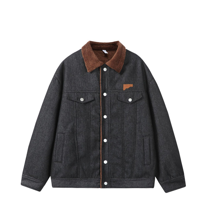 Men's Lined Denim Jacket with Teddy Collar, Snap Front and Utility Pockets Mune Fashion