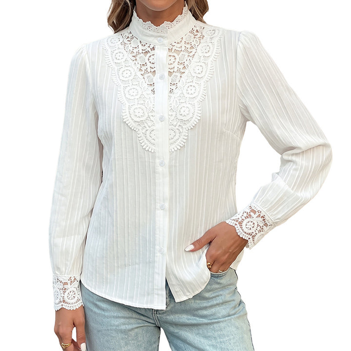Ladies Elegant Victorian-inspired Lace Blouse with Stand Collar, Button Placket and Balloon Sleeves Mune Fashion