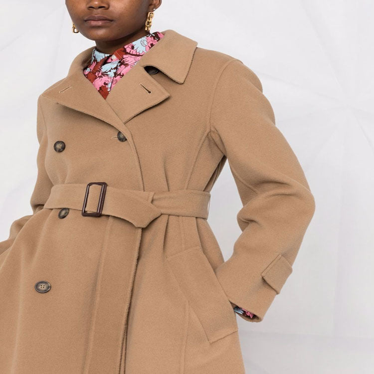 Women's tailored double-breasted wool blend coat with tie belt and A-line cut Mune Fashion