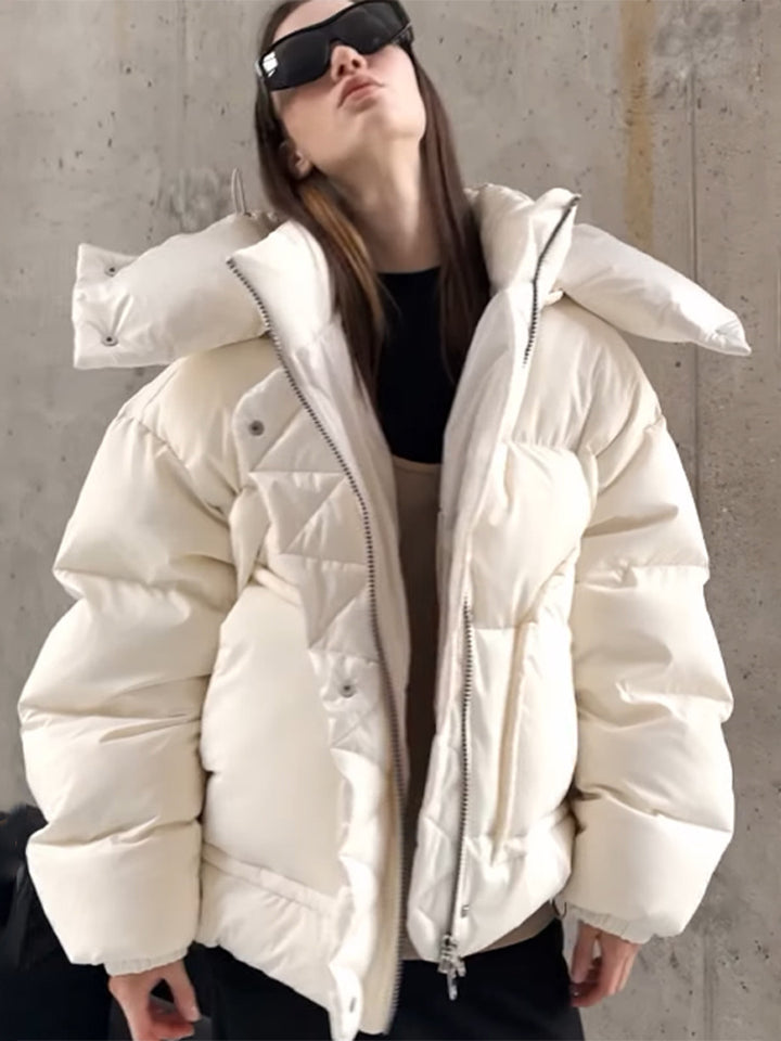 Women Oversize Quilted Puffer Jacket with extra high Stand-up Collar, double Front Zipper and boxy Silhouette Mune Fashion