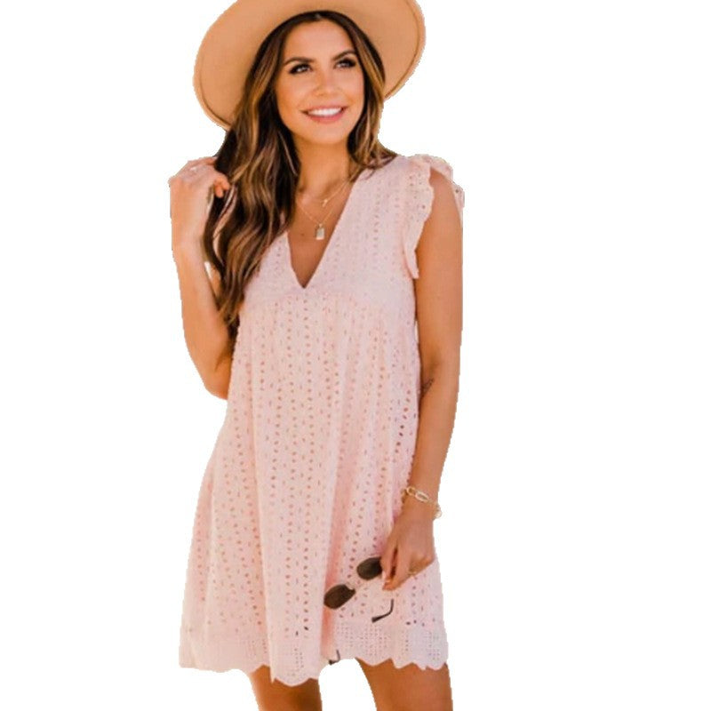 Women's Broderie-Anglaise Mini Dress with V-Neck, Ruffled Sleeves, and Insert Pockets Mune Fashion