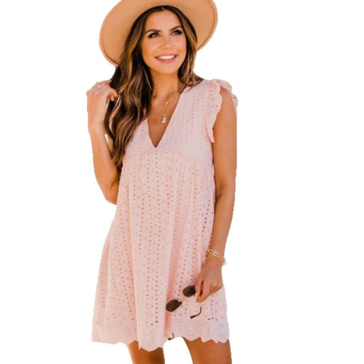 Women's Broderie-Anglaise Mini Dress with V-Neck, Ruffled Sleeves, and Insert Pockets Mune Fashion