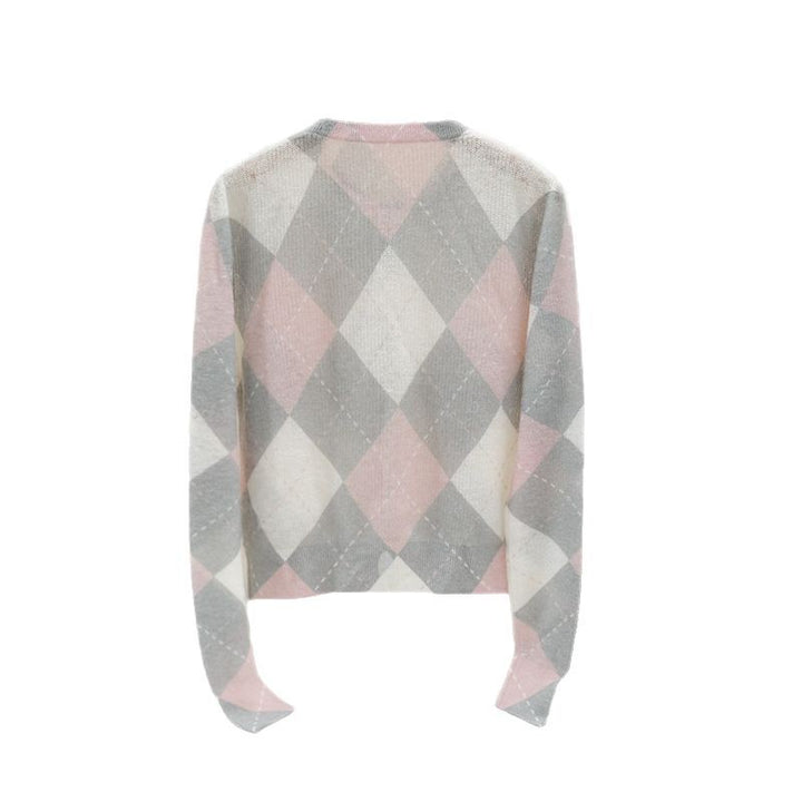 Women Fine Round Neck Cardigan with Diamond Argyle Pattern made of Lightweight Fine Knit Mune Fashion