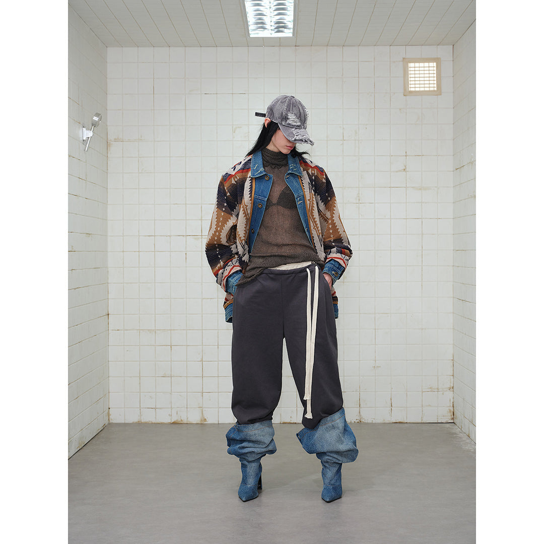 Unisex Loose-Fitting Jacquard Liner Jacket with Denim Trim and Graphic Ethno Pattern Mune Fashion