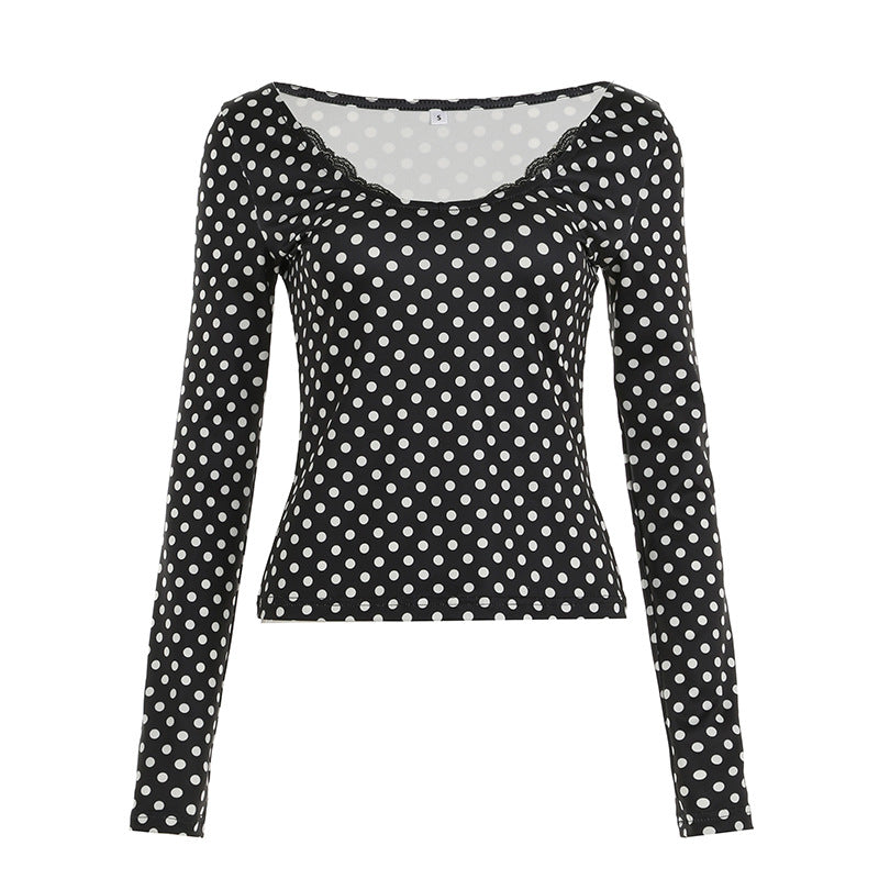 Women's figure-hugging polka dot long sleeve with lace trim and subtle gathering detail Mune Fashion