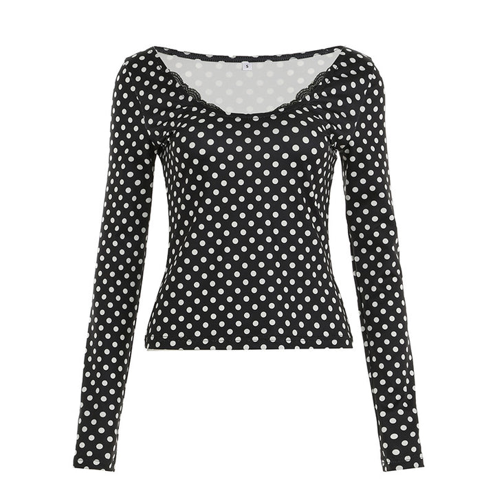 Women's figure-hugging polka dot long sleeve with lace trim and subtle gathering detail Mune Fashion