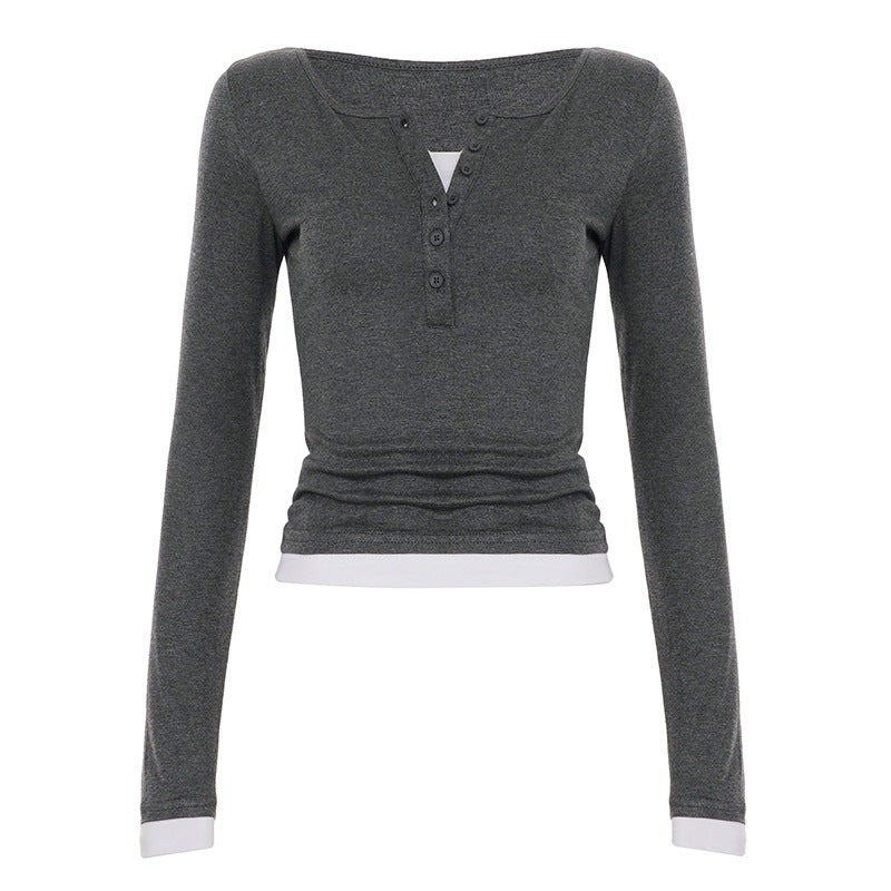 Women's tailored henley crop long sleeve with contrasting hem and sleeve cuffs Mune Fashion