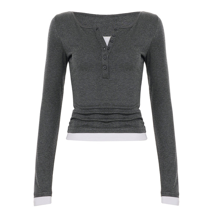Women's tailored henley crop long sleeve with contrasting hem and sleeve cuffs Mune Fashion