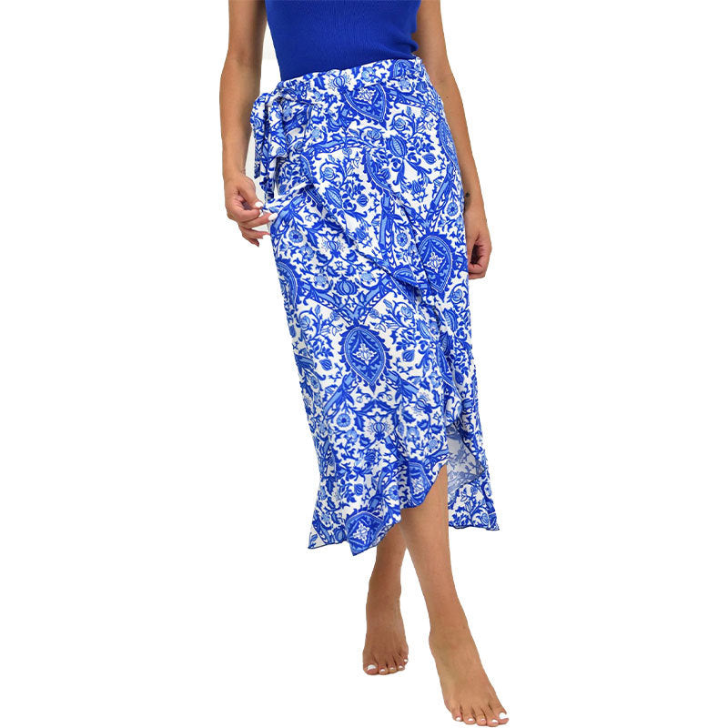 Women's wrap midi skirt with ornamental print, tie belt & ruffled hem Mune Fashion