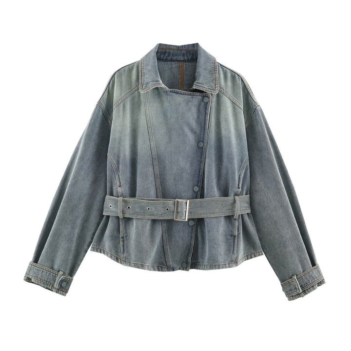 Women's denim jacket with belted waist and asymmetric snap button placket Mune Fashion