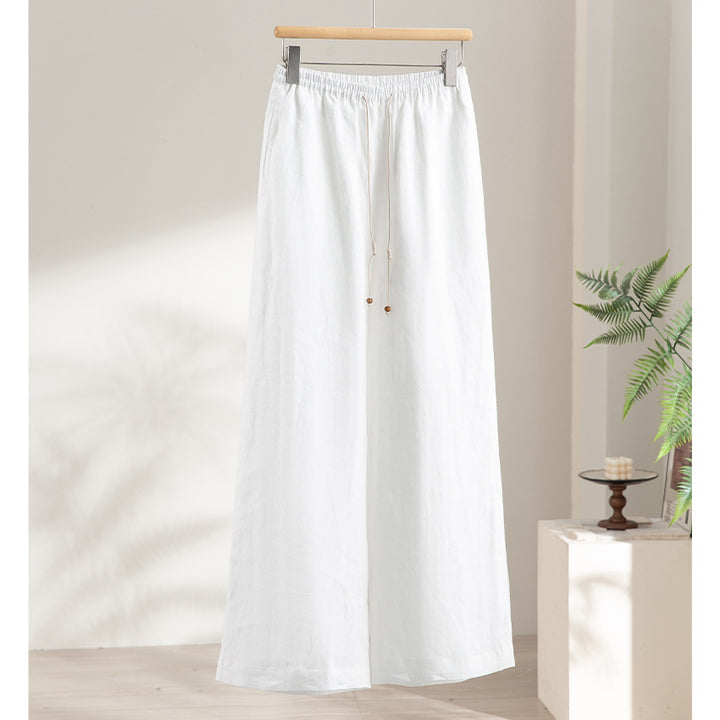 Women's Light High-Waisted Lounge Trousers made from Linen Blend with Drawstring and Pinstripe Look Mune Fashion