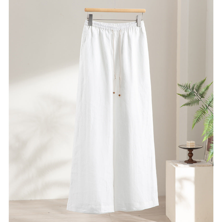 Women's Wide Linen Look Pants with Elastic Waistband, Drawstring and Fine Pinstripe Structure Mune Fashion