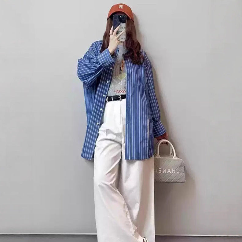 Women Oversized Striped Shirt with Extended Hem and Boxy Fit Mune Fashion