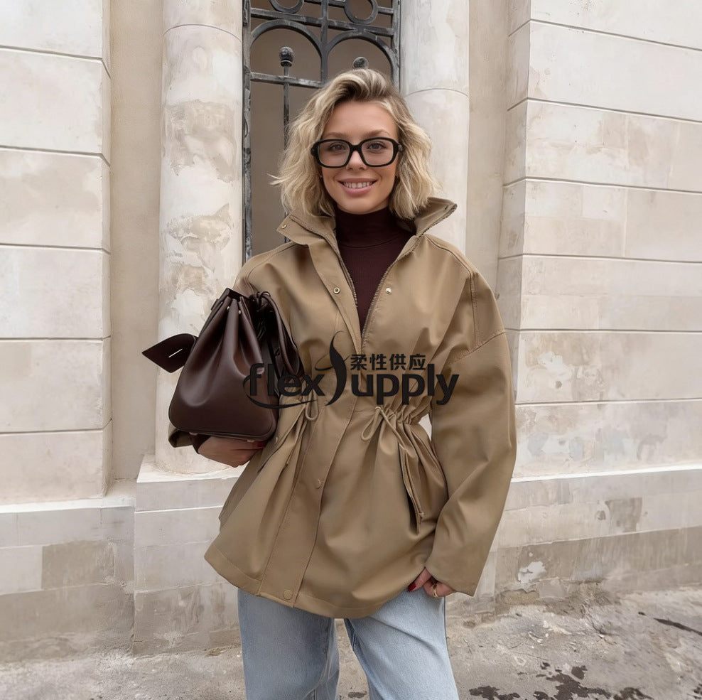 Women's Short Parka with Waist Drawstring and High Collar Mune Fashion