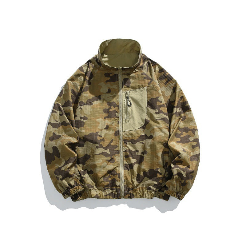 Unisex Lightweight Camo Windbreaker with High Stand Collar, Chest Zip and Elastic Hem Mune Fashion