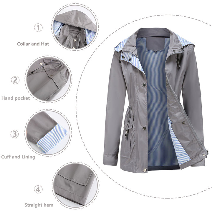 Women's lightweight waterproof rain jacket with hood and waist drawstring Mune Fashion