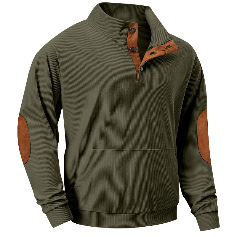 Men's fine ribbed stand-up collar sweater with button placket, kangaroo pocket, and suede elbow patches Mune Fashion