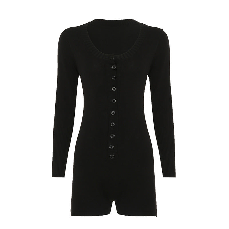 Women's figure-hugging fine knit mini dress with button placket, boat neck and extended ribbed cuffs Mune Fashion